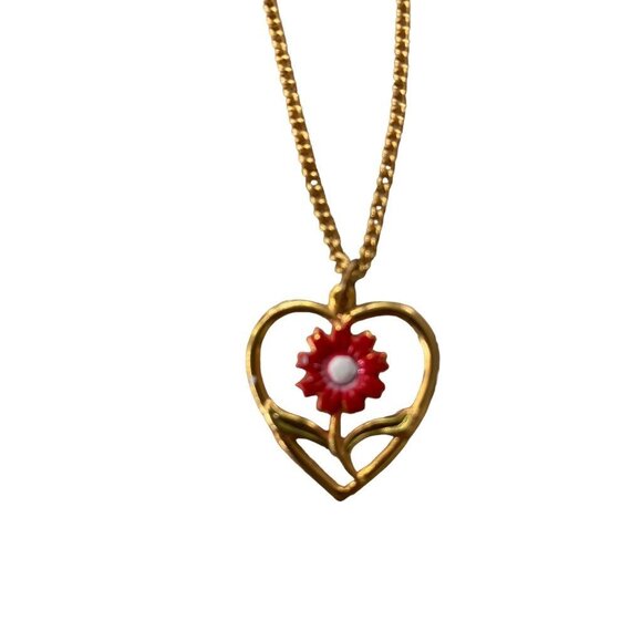 Goldtone Necklace Floral 1" Heart Pendant on 19" Chain Red White - Picture 6 of 13